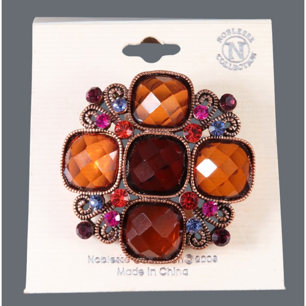 New NOBLESSE BROOCH PIN Rhinestone Cluster BRONZE TONE Amber Blue Pink Orange